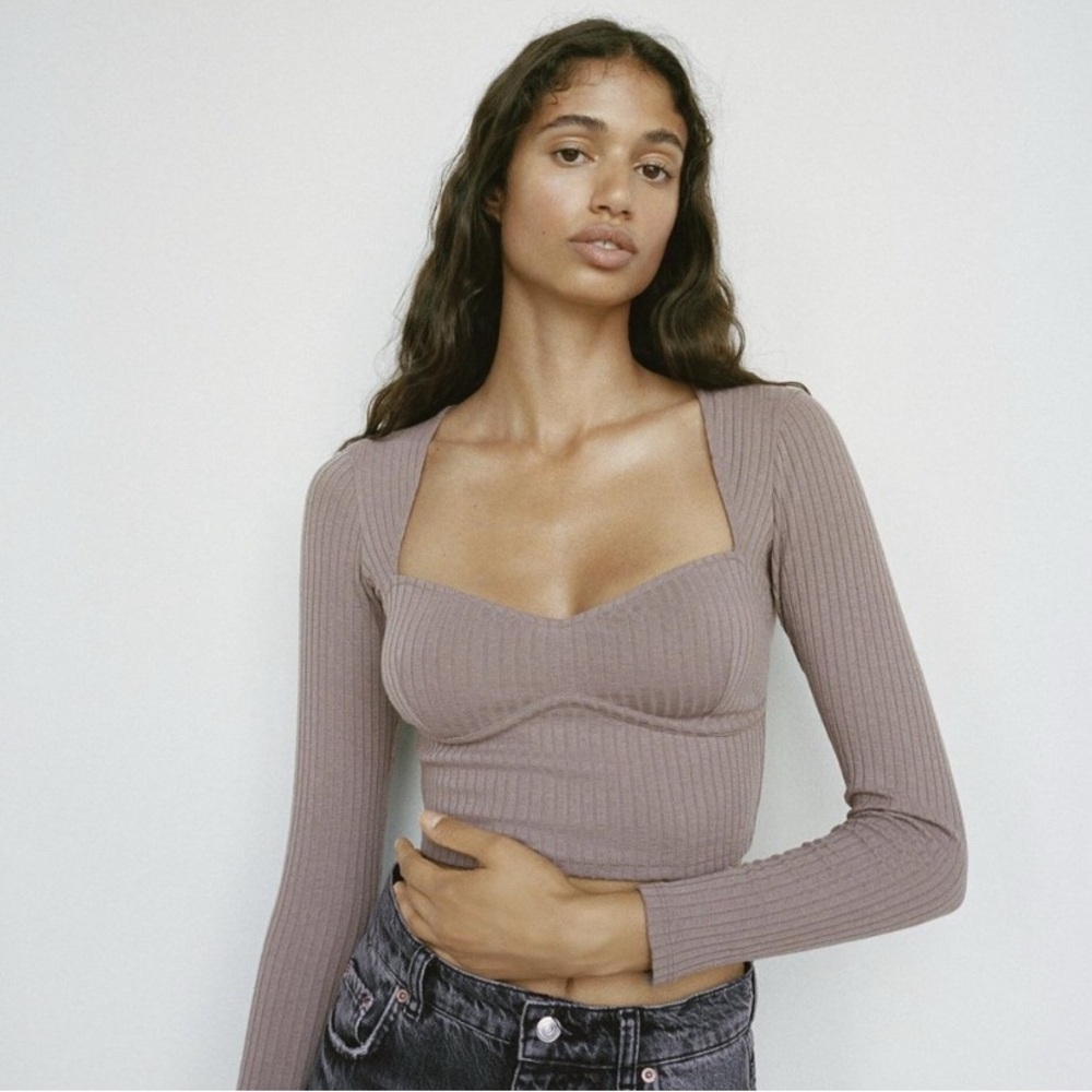 Zara Mauve Ribbed Long Sleeve Crop Top Size Medium